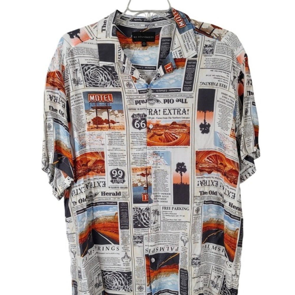 No Boundaries Men 2XL Newspaper Print Route 66 Palm Springs Rayon Button up nobo